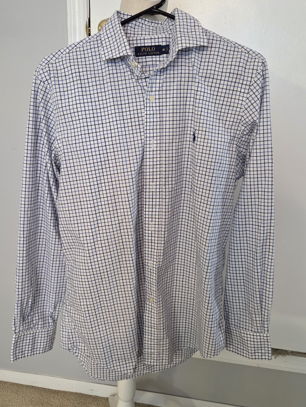 Polo Ralph Lauren White with Navy Windowpane Check — Long Sleeve Dress Shirt